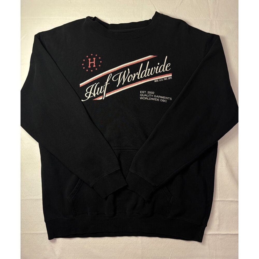HUF Worldwide Graphic Crewneck Sweatshirt Black Pocket Skate Men Extra Large